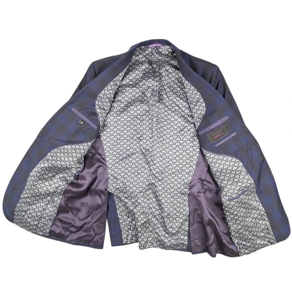 READ Ted Baker Endurance Jay SPJ Blazer Blue Black Plaid 42R Wool Sport Coat